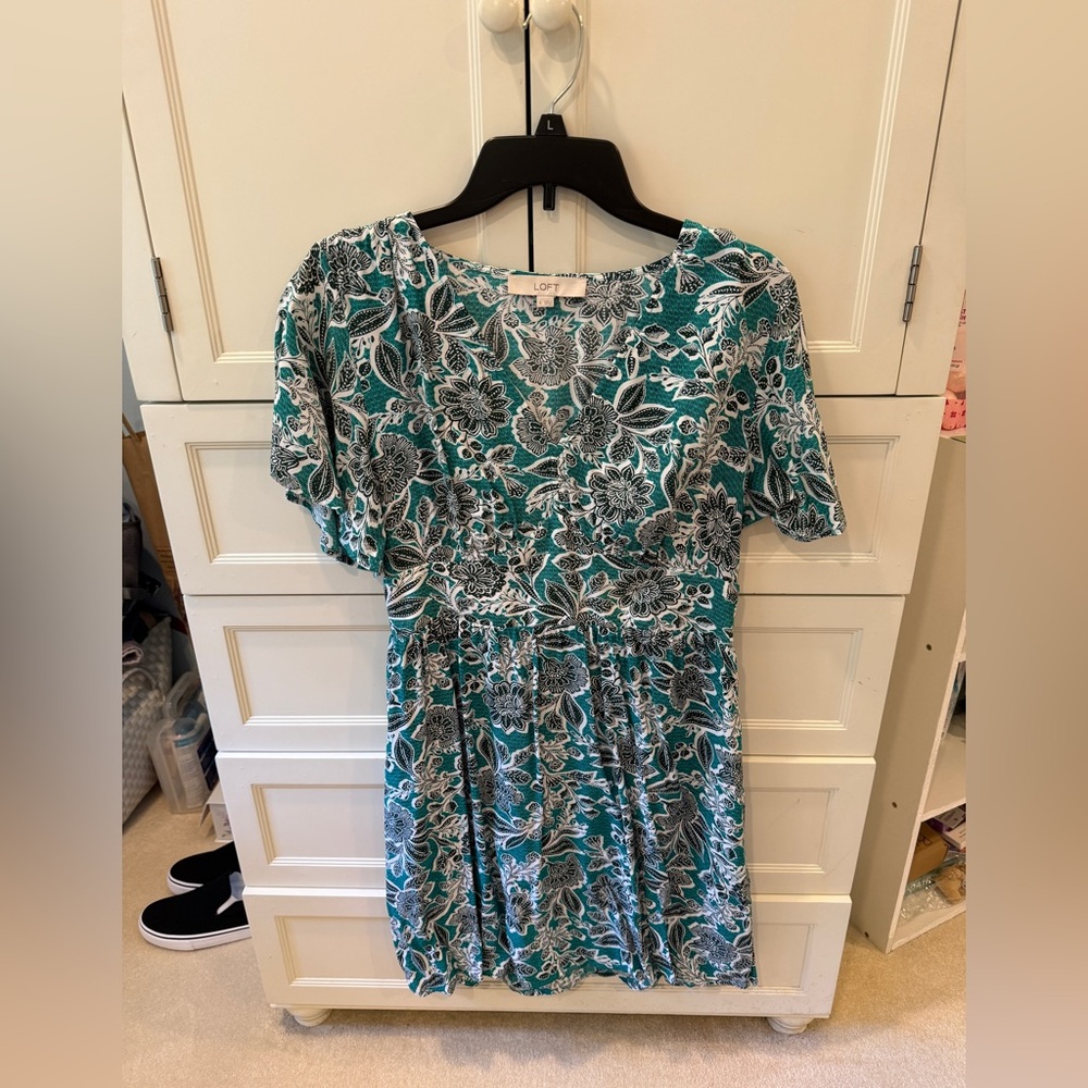 LOFT Teal and Black Floral Long Sleeve Dress